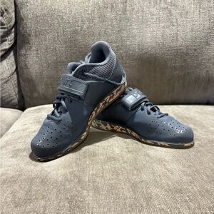 Women’s Adidas Powerlifting Shoes, Gray with Pink Trim.